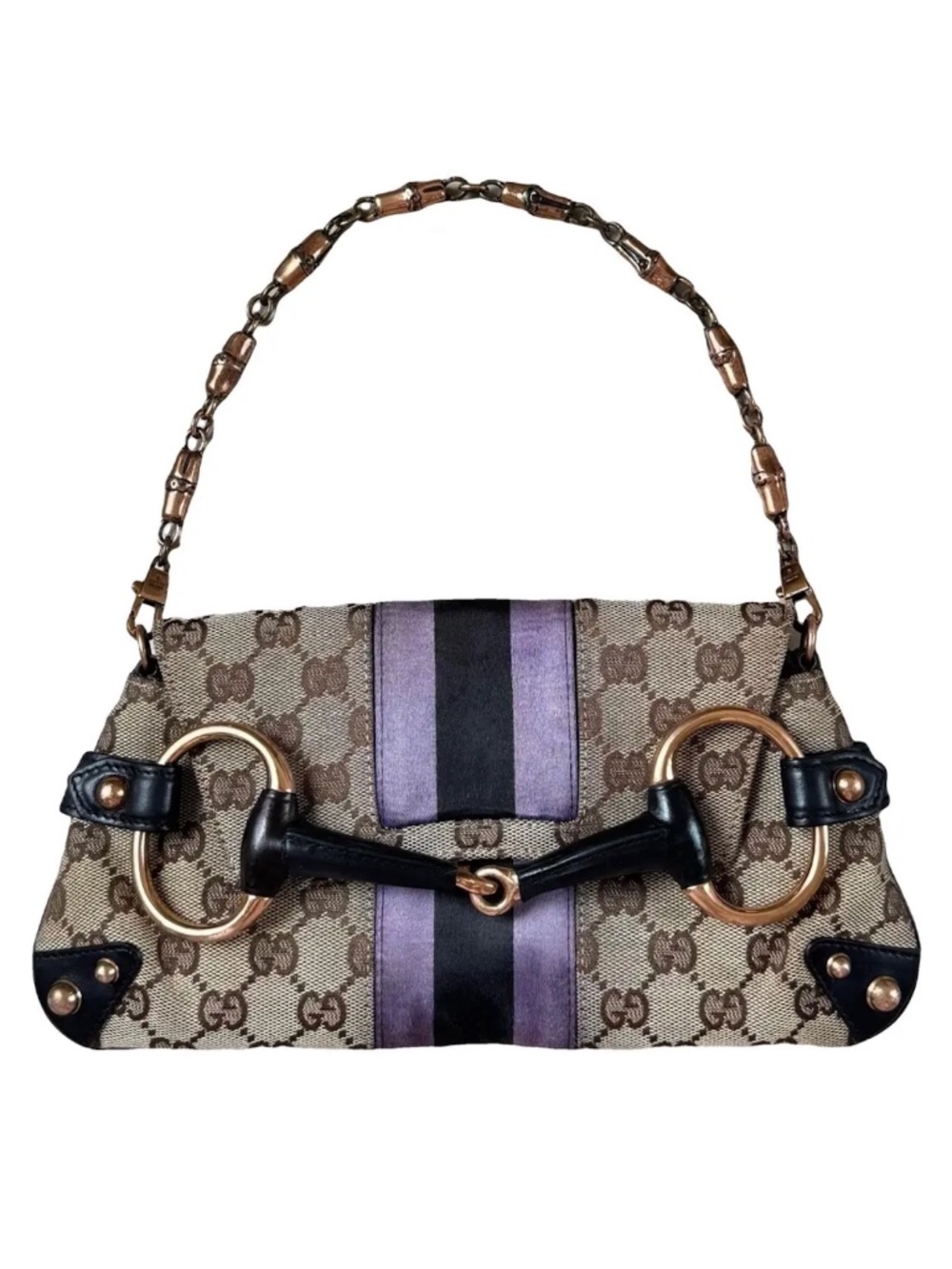 Rare Authentic Vintage Gucci Tom Ford Horsebit Web GG Canvas Chain Clutch, COA